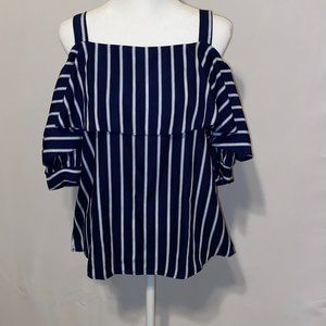 SHEIN Navy and White Strip Open Shoulder Ruffle Top